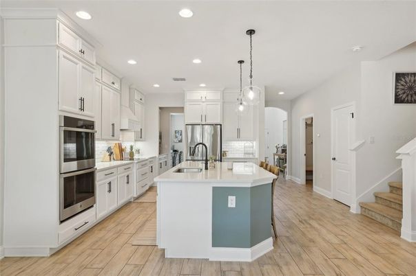 Interior, Kitchen, Pendant Lights, Recessed Lighting, Stainless Steel Appliances, Wood Texture Flooring