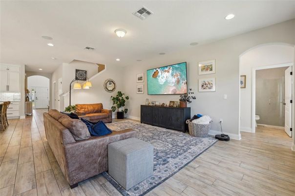 Interior, Living room, Recessed Lighting, Wood Texture Flooring