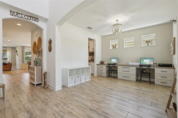 Chandelier, Home Office, Interior, Recessed Lighting, Wood Texture Flooring