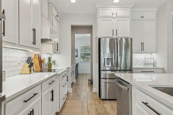 Interior, Kitchen, Recessed Lighting, Stainless Steel Appliances, Wood Texture Flooring