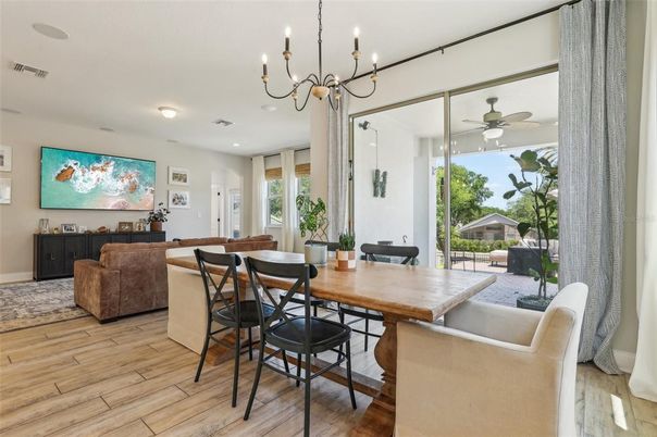 Chandelier, Dining room, Interior, Living room, Recessed Lighting, Wood Texture Flooring