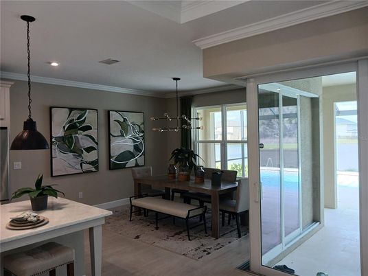 Dining room, Interior, Pendant Lights, Recessed Lighting, Wood Texture Flooring