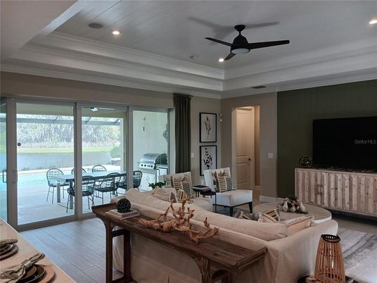 Dining room, Interior, Living room, Recessed Lighting, Wood Texture Flooring