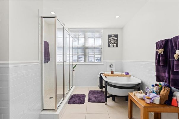Bathroom, Free Standing Baths, Glass Shower, Interior, Recessed Lighting