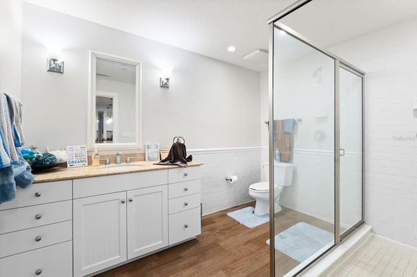 Bathroom, Glass Shower, Interior, Recessed Lighting, Wood Texture Flooring