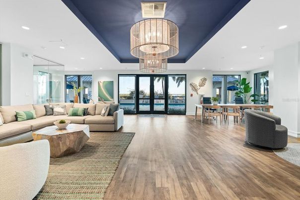 Chandelier, Dining room, Interior, Living room, Recessed Lighting, Wood Texture Flooring