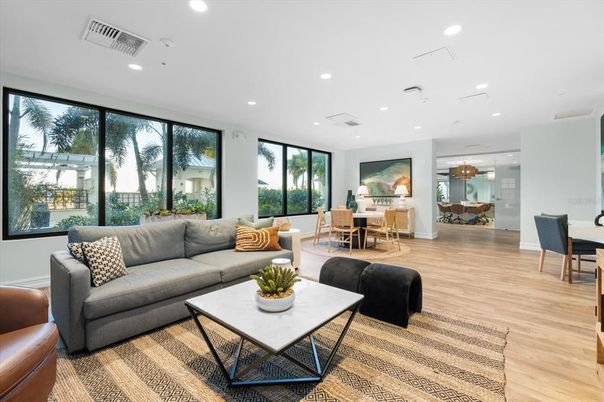 Dining room, Interior, Living room, Recessed Lighting, Wood Texture Flooring