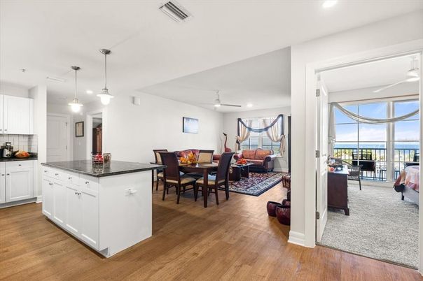 Dining room, Interior, Kitchen, Pendant Lights, Recessed Lighting, Water, Wood Texture Flooring