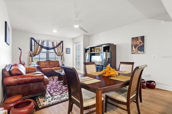 Dining room, Interior, Living room, Recessed Lighting, Wood Texture Flooring