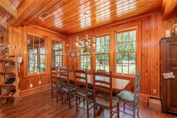 Chandelier, Dining room, Interior, Wooden Beams, Wooden Ceilings, Wood Texture Flooring, Wooden Walls