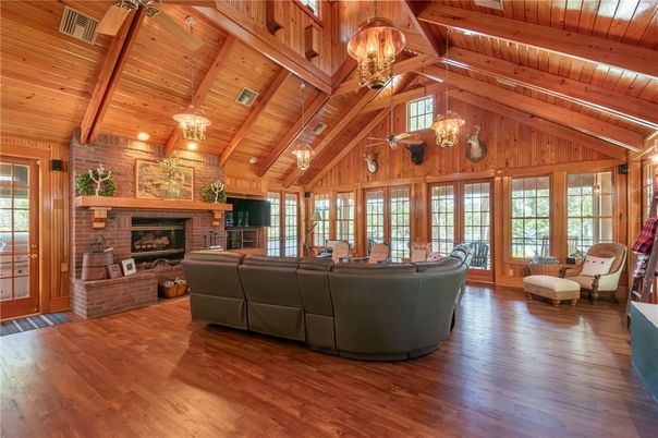 Chandelier, Fireplace, Interior, Living room, Stone Walls, Wooden Beams, Wooden Ceilings, Wood Texture Flooring, Wooden Walls