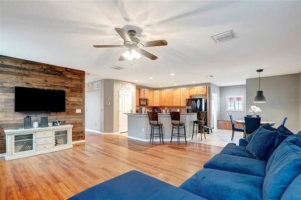 Dining room, Interior, Kitchen, Pendant Lights, Recessed Lighting, Wood Texture Flooring, Wooden Walls