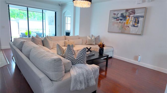 Chandelier, Interior, Living room, Wood Texture Flooring