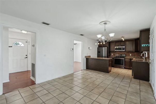 Chandelier, Interior, Kitchen, Stainless Steel Appliances, Wood Texture Flooring