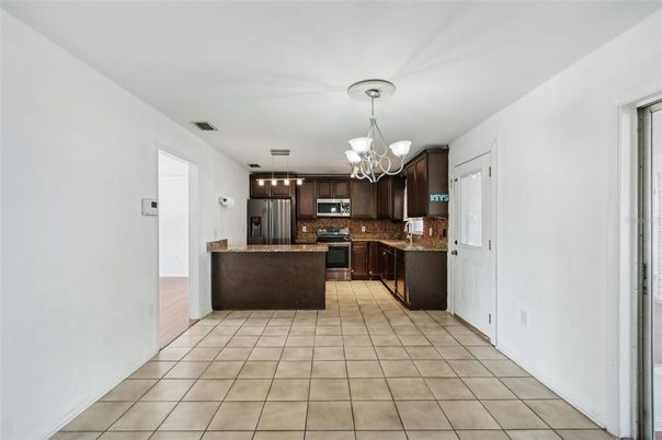 Chandelier, Interior, Kitchen, Pendant Lights, Stainless Steel Appliances