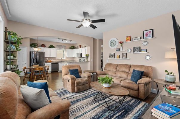Dining room, Interior, Kitchen, Living room, Pendant Lights, Stainless Steel Appliances, Wood Texture Flooring