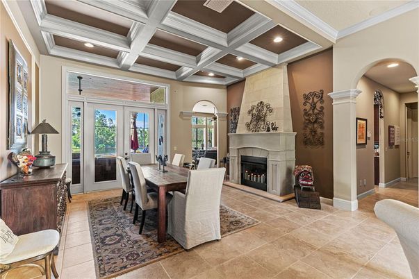 Dining room, Fireplace, Interior, Recessed Lighting