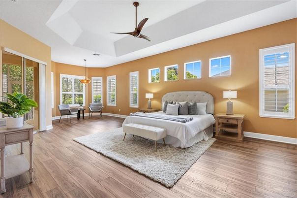 Bedroom, Interior, Pendant Lights, Wood Texture Flooring