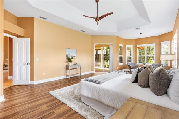 Bedroom, Interior, Pendant Lights, Wood Texture Flooring