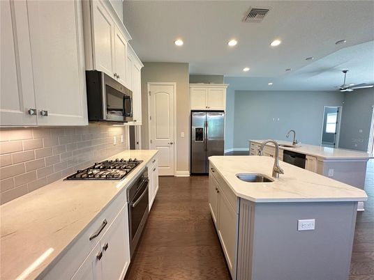 Interior, Kitchen, Recessed Lighting, Stainless Steel Appliances, Wood Texture Flooring