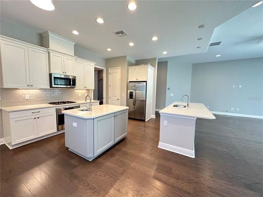 Interior, Kitchen, Recessed Lighting, Stainless Steel Appliances, Wood Texture Flooring