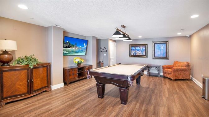 Billiard Table, Game Room, Interior, Pendant Lights, Recessed Lighting, Wood Texture Flooring
