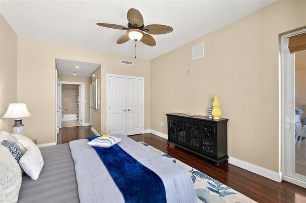 Bedroom, Interior, Recessed Lighting, Wood Texture Flooring