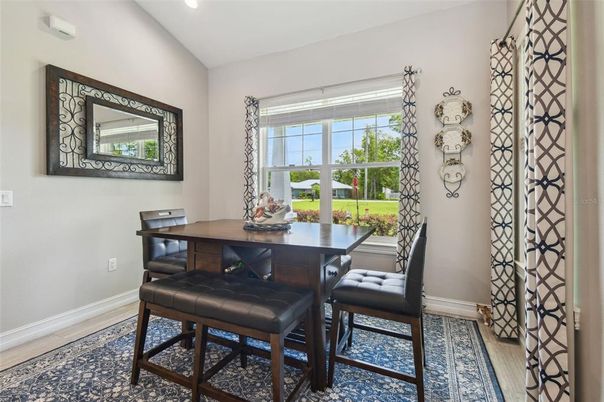 Dining room, Interior, Recessed Lighting, Wood Texture Flooring