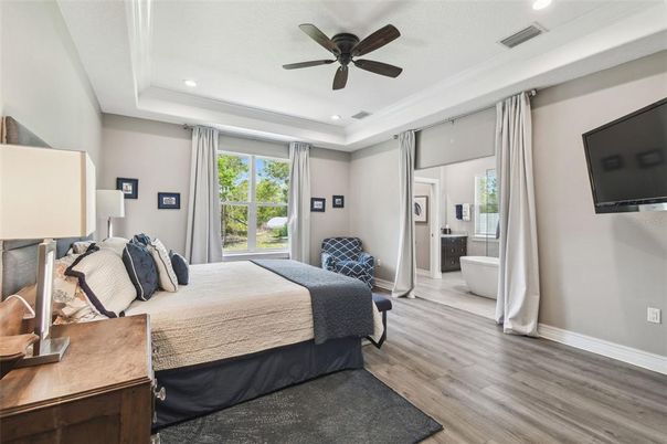 Bedroom, Interior, Recessed Lighting, Wood Texture Flooring