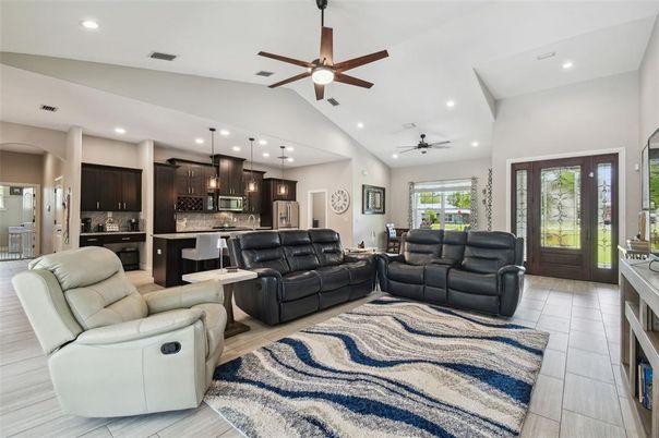 Interior, Kitchen, Living room, Pendant Lights, Recessed Lighting, Wood Texture Flooring
