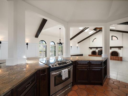 Chandelier, Interior, Kitchen, Pendant Lights, Stainless Steel Appliances, Wooden Beams