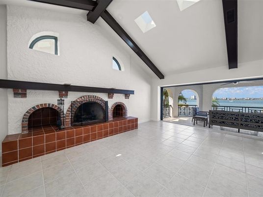 Fireplace, Interior, Water, Wooden Beams