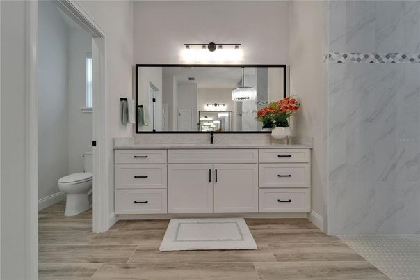Bathroom, Interior, Marble Walls, Wood Texture Flooring