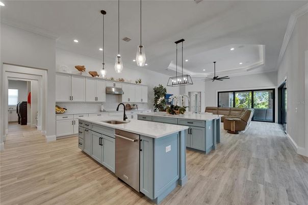 Interior, Kitchen, Living room, Pendant Lights, Recessed Lighting, Stainless Steel Appliances, Wood Texture Flooring