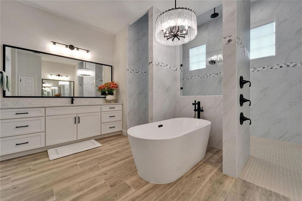 Bathroom, Free Standing Baths, Interior, Marble Walls, Wood Texture Flooring