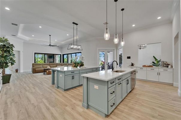 Interior, Kitchen, Living room, Pendant Lights, Recessed Lighting, Wood Texture Flooring