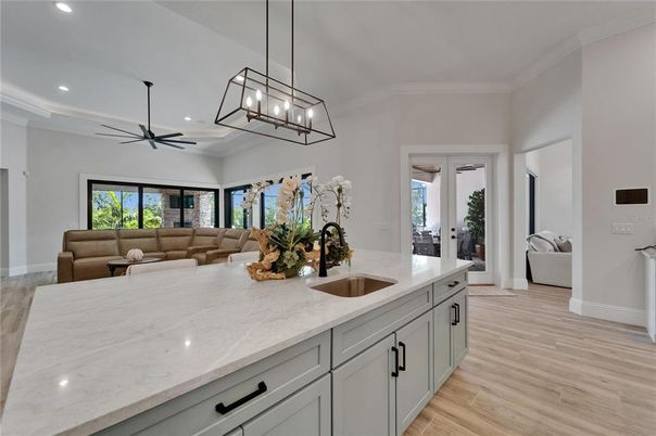 Interior, Kitchen, Living room, Pendant Lights, Recessed Lighting, Wood Texture Flooring