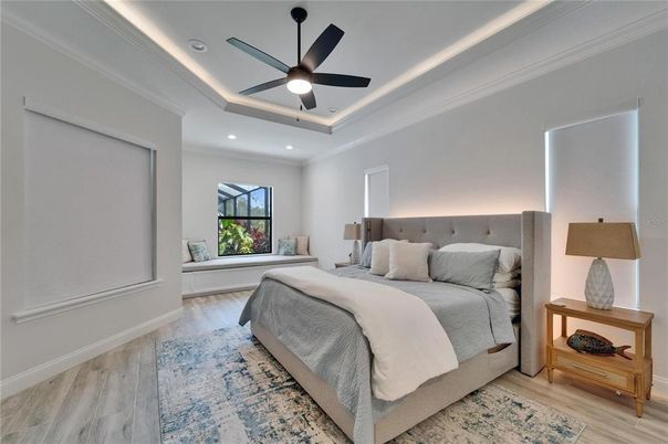 Bedroom, Interior, Recessed Lighting, Water, Wood Texture Flooring