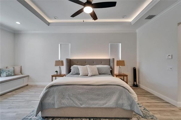 Bedroom, Interior, Recessed Lighting, Wood Texture Flooring
