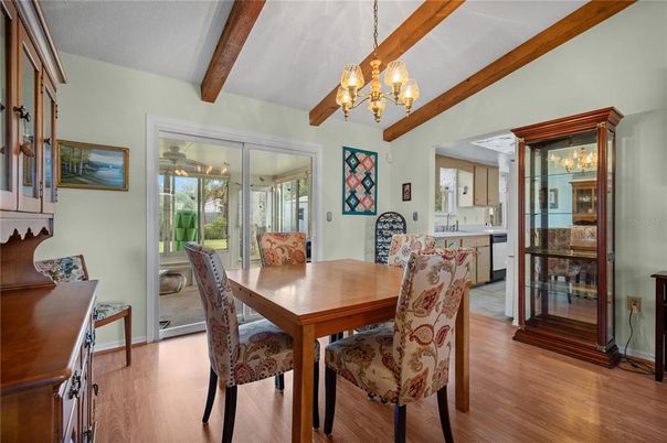 Chandelier, Dining room, Interior, Wooden Beams, Wood Texture Flooring
