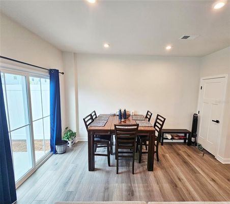 Dining room, Interior, Recessed Lighting, Wood Texture Flooring