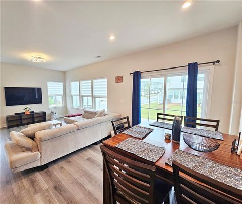 Dining room, Interior, Living room, Recessed Lighting, Wood Texture Flooring