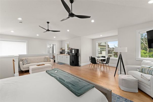 Dining room, Interior, Kitchen, Living room, Recessed Lighting, Wood Texture Flooring
