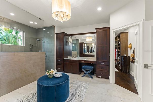Bathroom, Chandelier, Glass Shower, Interior, Recessed Lighting