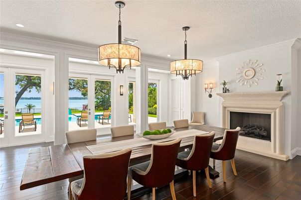 Chandelier, Dining room, Fireplace, Interior, Recessed Lighting, Wood Texture Flooring