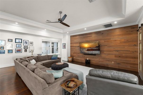 Interior, Living room, Recessed Lighting, Wood Texture Flooring, Wooden Walls