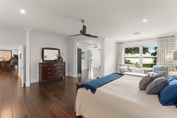 Bedroom, Interior, Recessed Lighting, Wood Texture Flooring