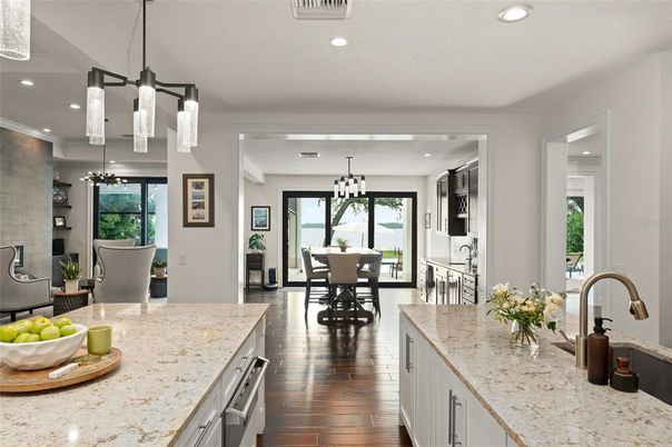Chandelier, Dining room, Interior, Kitchen, Pendant Lights, Recessed Lighting, Wood Texture Flooring