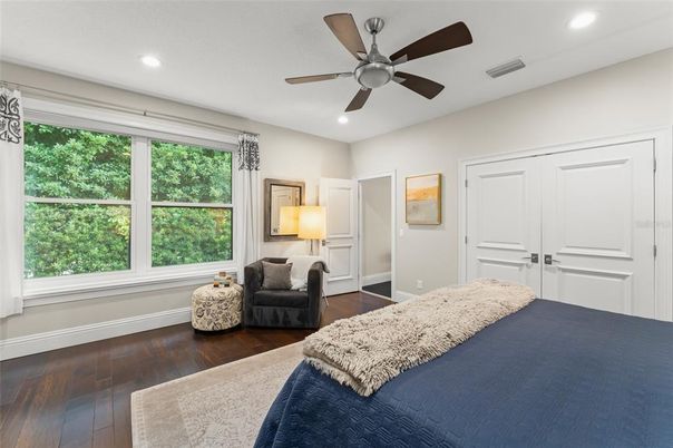Bedroom, Interior, Recessed Lighting, Wood Texture Flooring