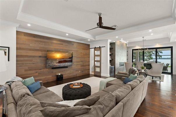 Dining room, Interior, Kitchen, Living room, Pendant Lights, Recessed Lighting, Stainless Steel Appliances, Wood Texture Flooring